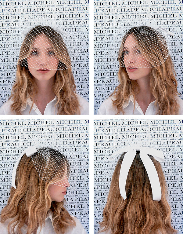 Annie - Accessoire de tête avec voilette et nœud blanc.