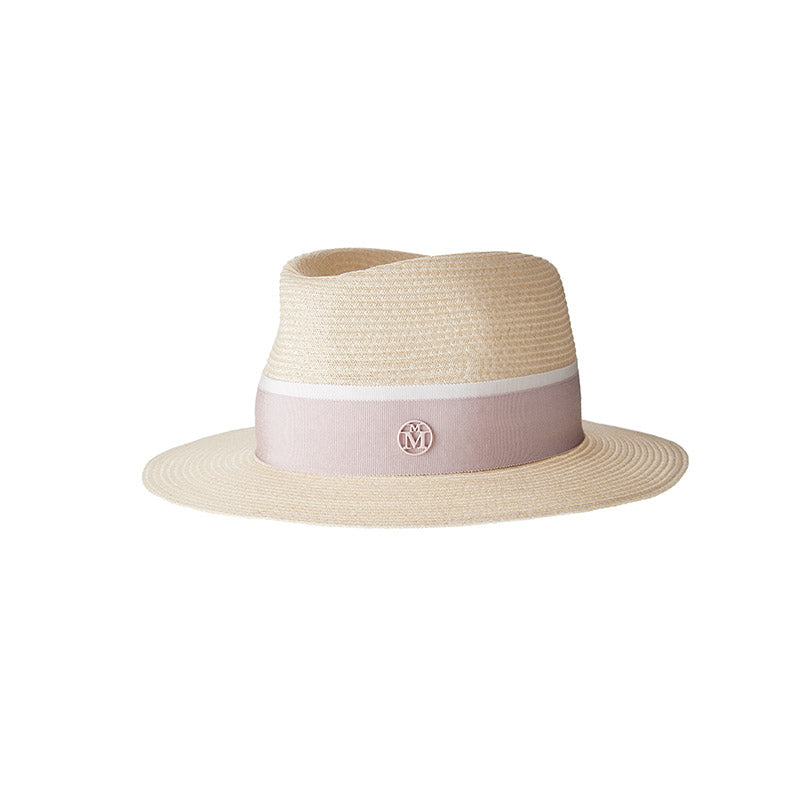 André - fedora en chanvre et ruban rose.