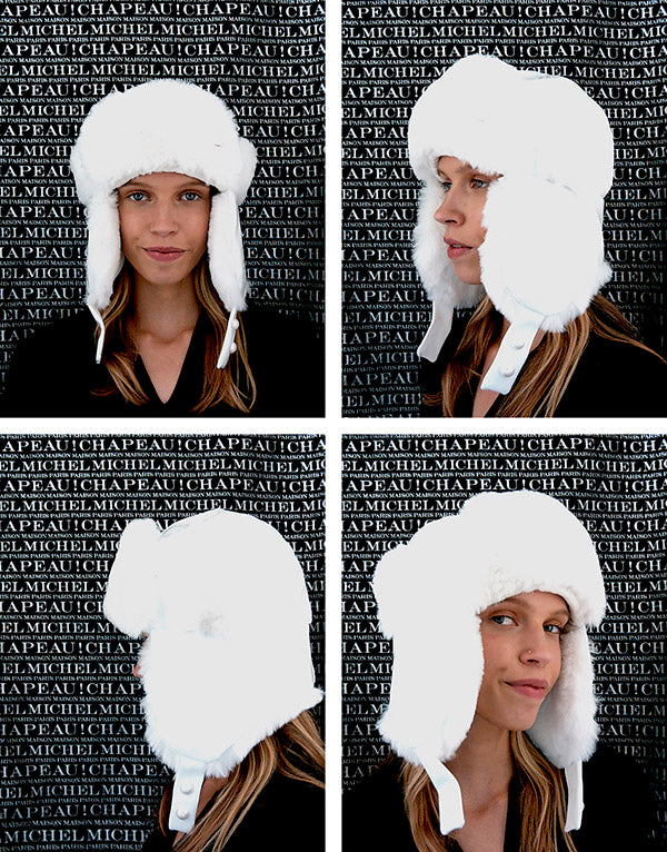 Arthur - Chapka en tissu blanc avec un effet vernis, ornée de boutons en perles.