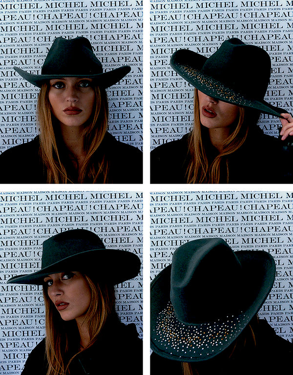 Austin - Chapeau cowboy en denim patchwork brodé de strass.