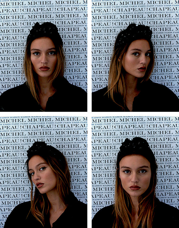 Giorgia - Serre-tête en tissu noir orné de sequins et de fleurs.