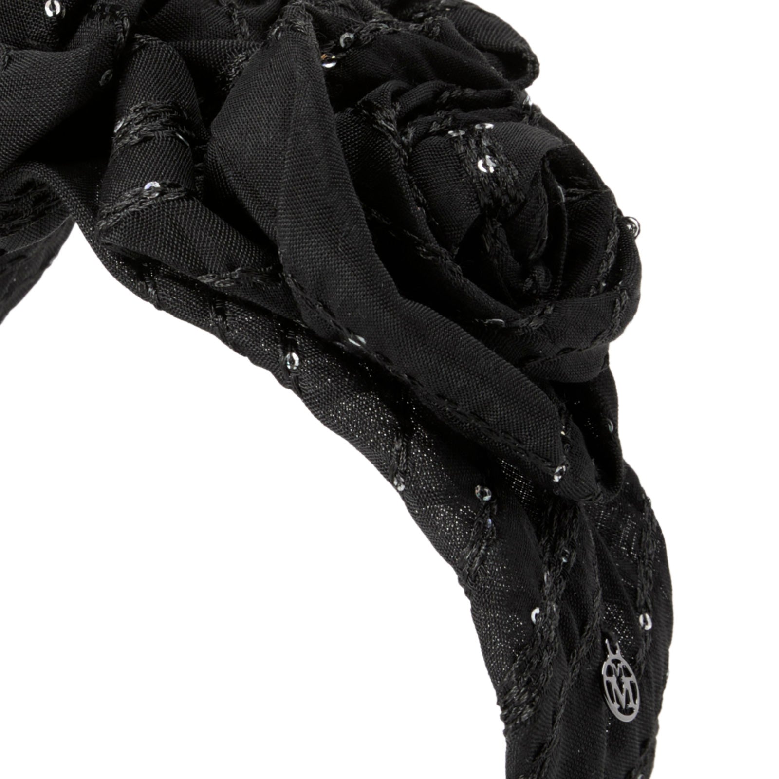 Giorgia - Serre-tête en tissu noir orné de sequins et de fleurs.