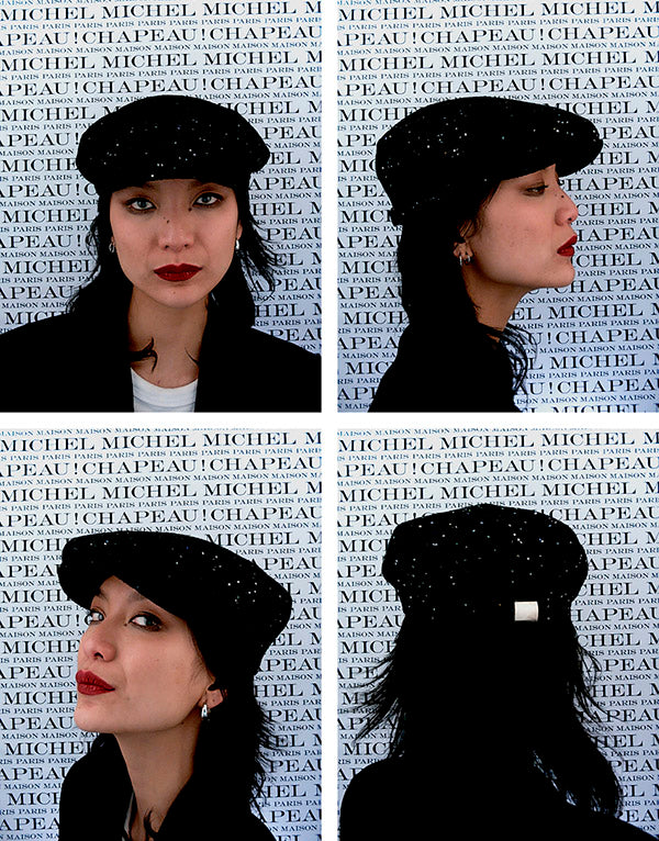 Glen - Béret en tweed noir orné de sequins.
