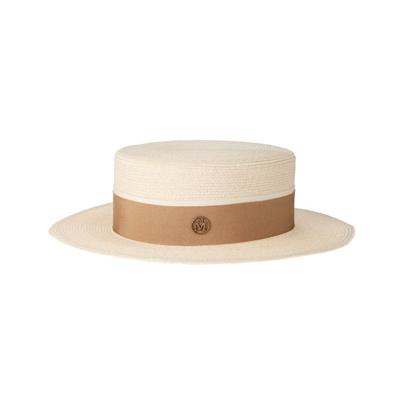 Kiki - Chapeau canotier en paille naturelle avec un ruban beige