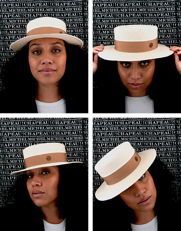 Kiki - Chapeau canotier en paille naturelle avec un ruban beige