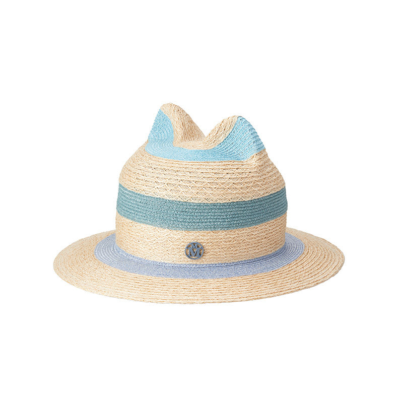 Loulou - Chapeau en paille couleurs naturelle et bleue avec des oreilles de chat.