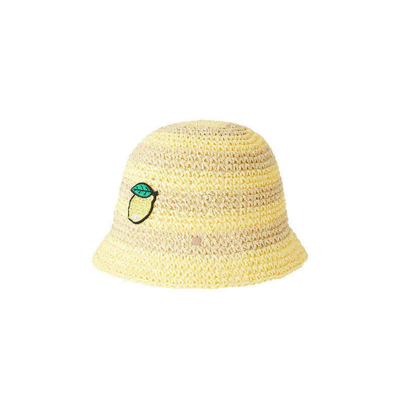 Pablo - Cloche en paille papier crochetée jaune et naturel avec un patch citron.