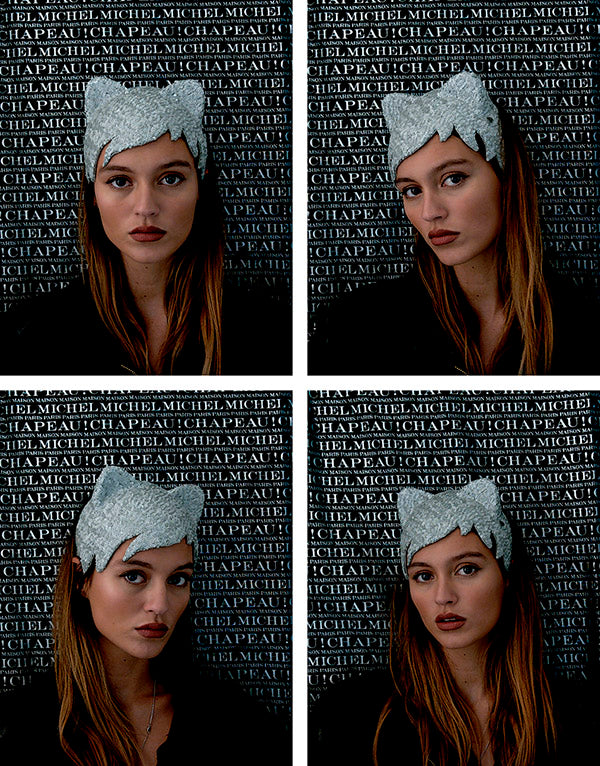 Selina - Serre-tête en tissu à sequins argentés orné d’oreilles de chat fabriquées à la main avec une technique des Métiers d’art, et d’une chaîne de strass.