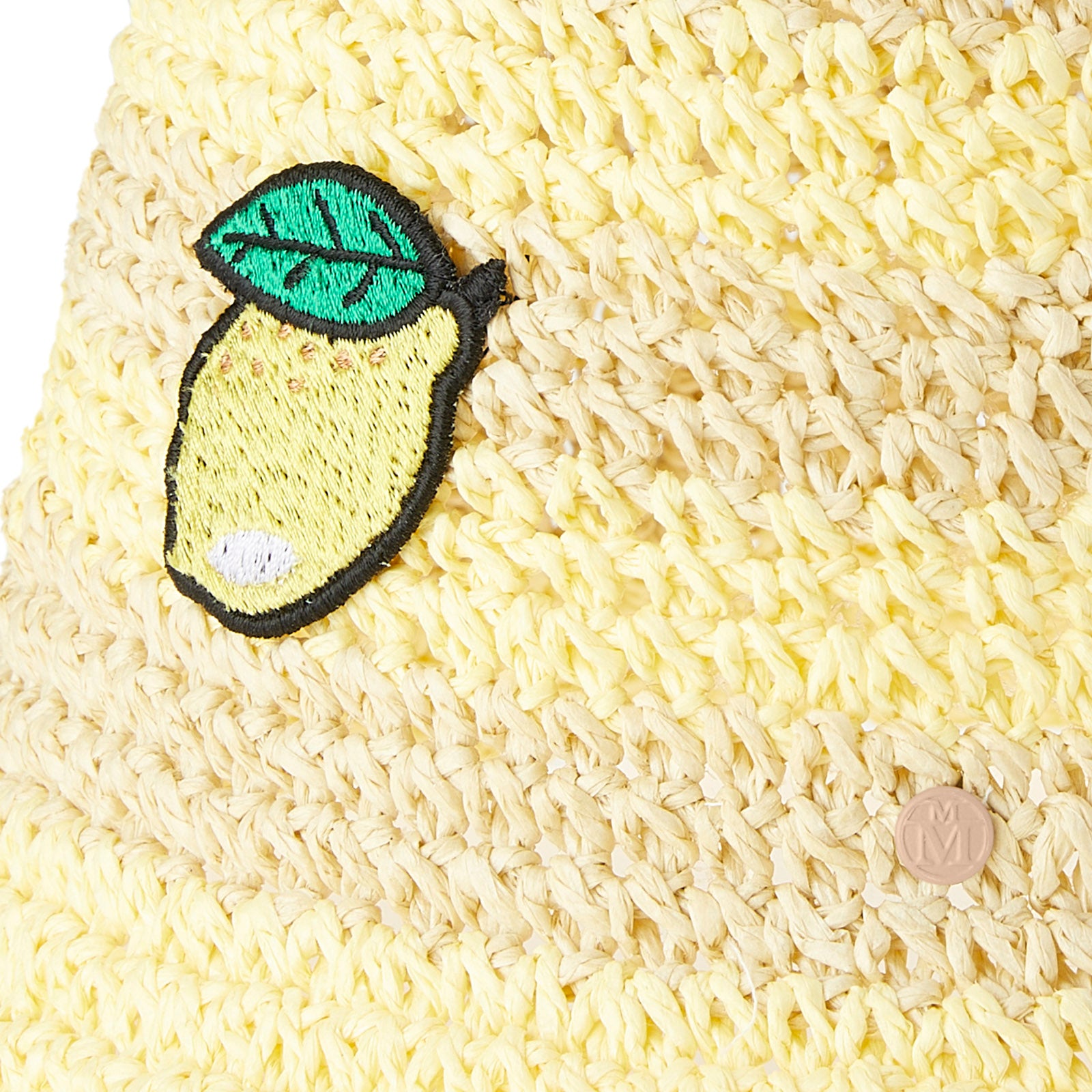 Pablo - Cloche en paille papier crochetée jaune et naturel avec un patch citron.