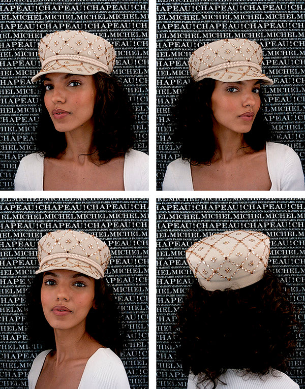 Abby - Casquette en feutre de laine couleur lin avec des broderies faites à la main.