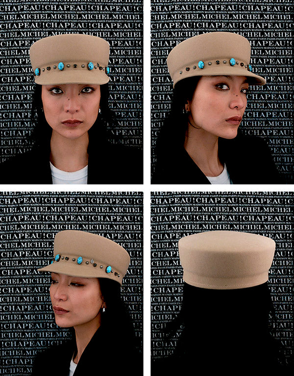 Abby - Casquette en feutre de laine onyx beige ornée de pierres et de clous posés à la main.