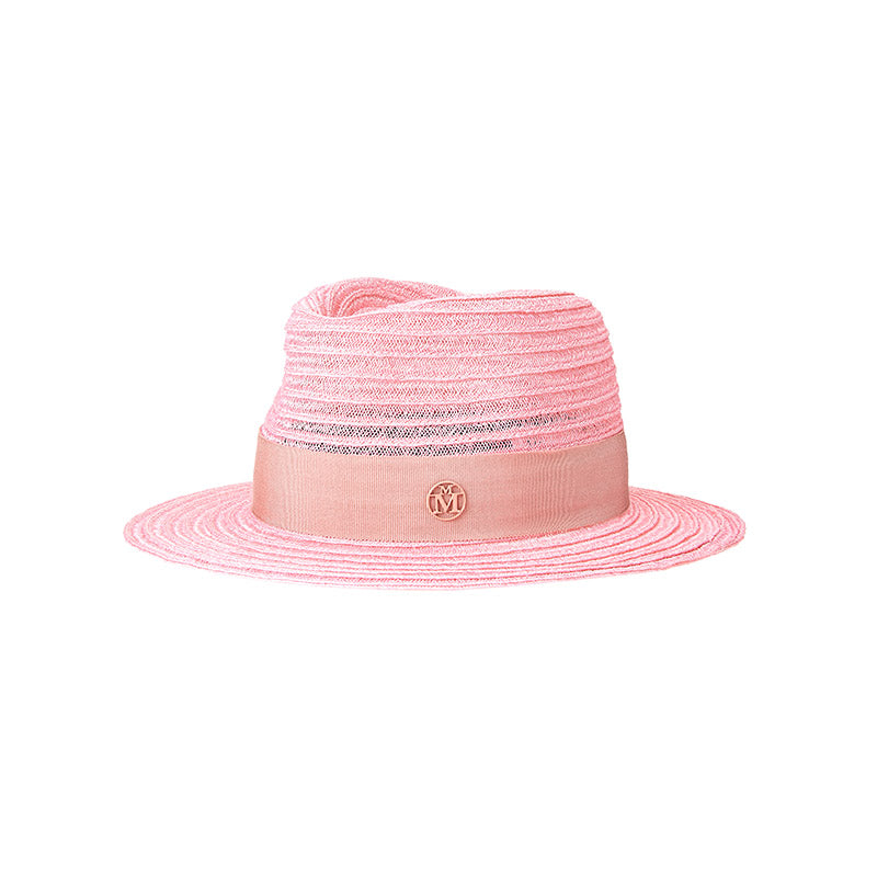 André - Fedora en paille rose floral avec un ruban ton sur ton.
