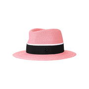 André - Fedora en paille rose floral avec un ruban noir et blanc.