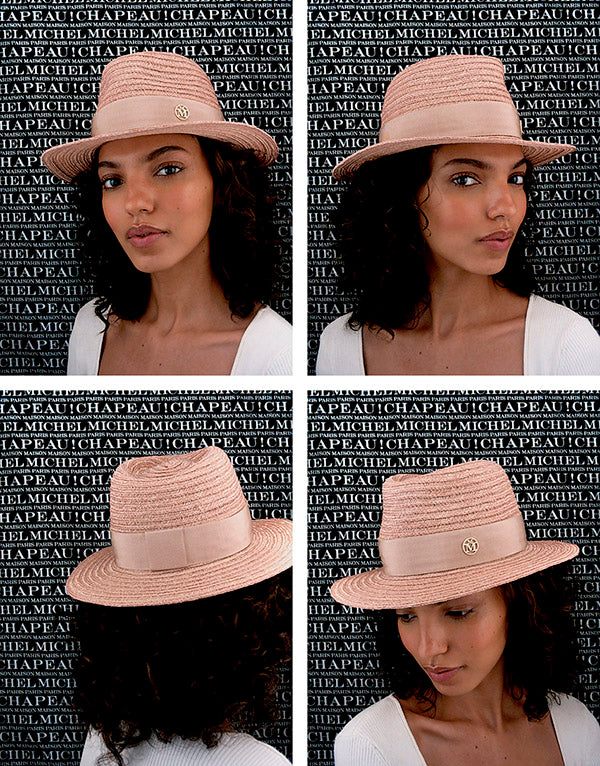 André - Chapeau fedora en paille de chanvre beige bunker orné d'un ruban ton sur ton.