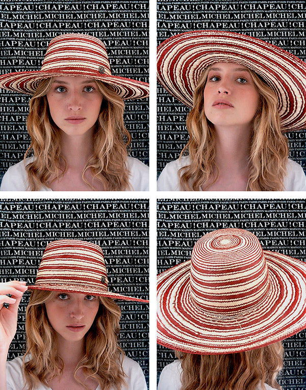 Aude - Chapeau à large bord en paille brisa rouge et naturelle.