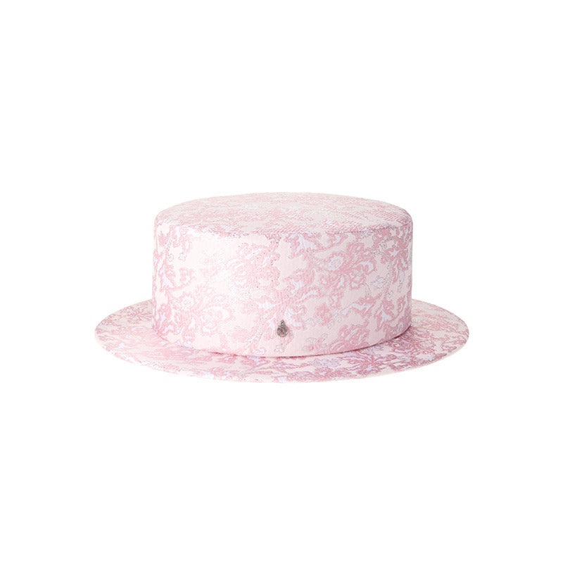 Auguste - Canotier en brocart rose brodé de fleurs.