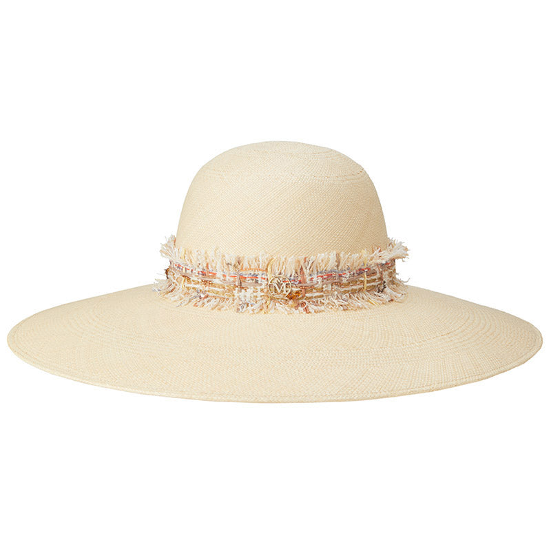 Blanche - Capeline en paille brisa avec un ruban en tweed multicolore.