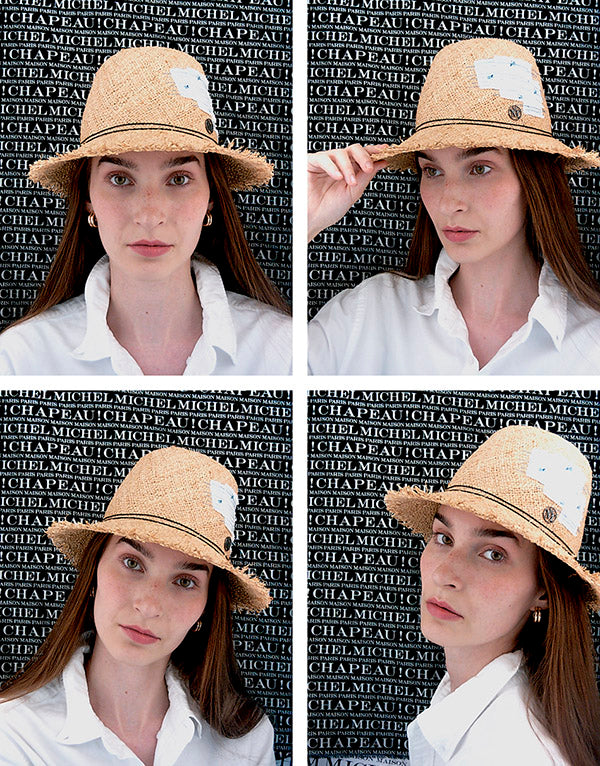Candice - Fedora en paille raphia avec un patch en denim blanc.