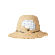 Candice - Fedora en paille raphia avec un patch en denim blanc.