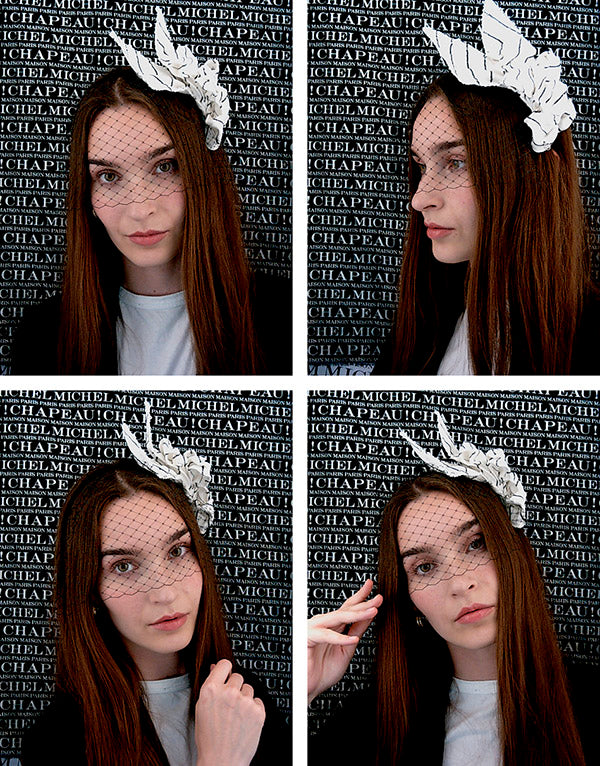 Clementine - Voilette avec une fleur en lin blanc et rayures en sequins noirs.