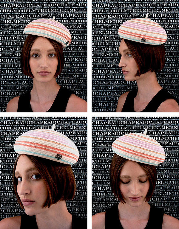 Emily - Béret en paille de chanvre multicolore avec un effet rayures.