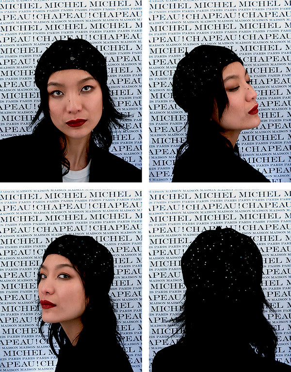 Emy - Béret en tweed noir orné de sequins.