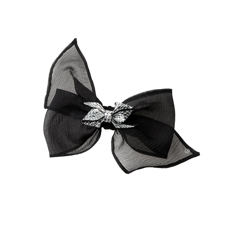 Fanie - Barrette en crêpon de soie noire ornée d'un clip en strass.