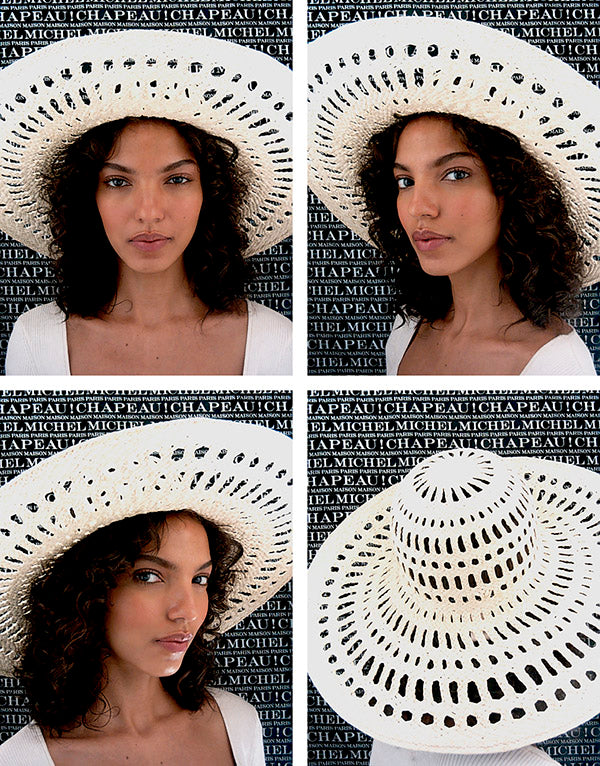 Gabi - Chapeau à large bord en paille brisa ajourée avec bord relevé.