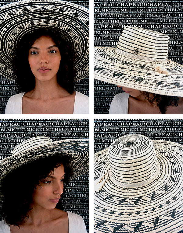 Gina - Chapeau à large bord en paille brisa bicolore avec un cordon en coton et un pompon.