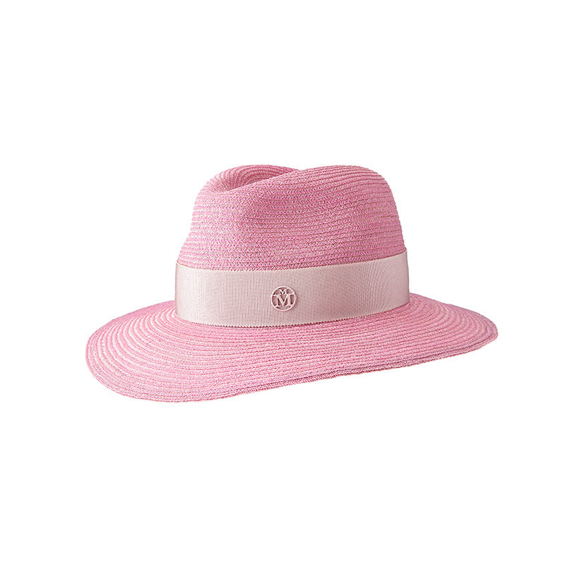 Henrietta - Fedora en paille couleur bubblegum avec un gros grain ton sur ton.