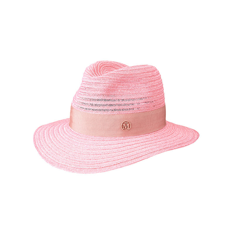 Henrietta - Fedora en paille rose floral avec un ruban ton sur ton.