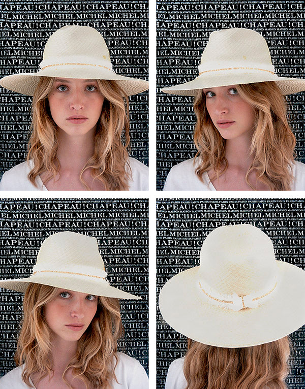 Henrietta - Fedora en paille brisa avec un ruban en denim et strass.