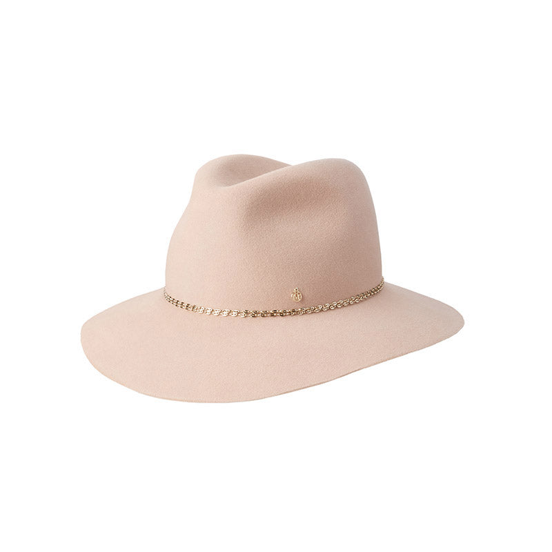 Henrietta - Fedora en feutre couleur lin avec un ruban en strass doré.