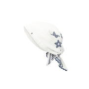 Ines - Turban en gaze de coton blanche avec des broderies bleues.