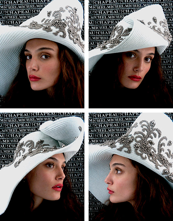Jasmine - Chapeau à bords larges en paille de papier avec des bords relevés et des perles brodées à la main.