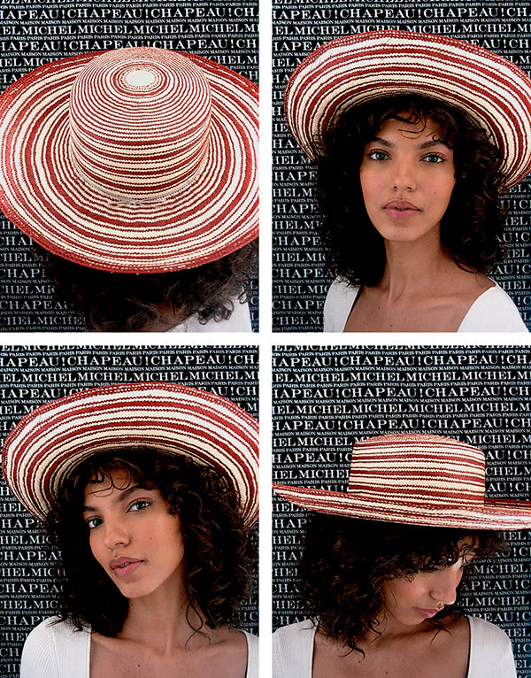 Juliette - Chapeau à large bord en paille brisa rouge et naturelle.