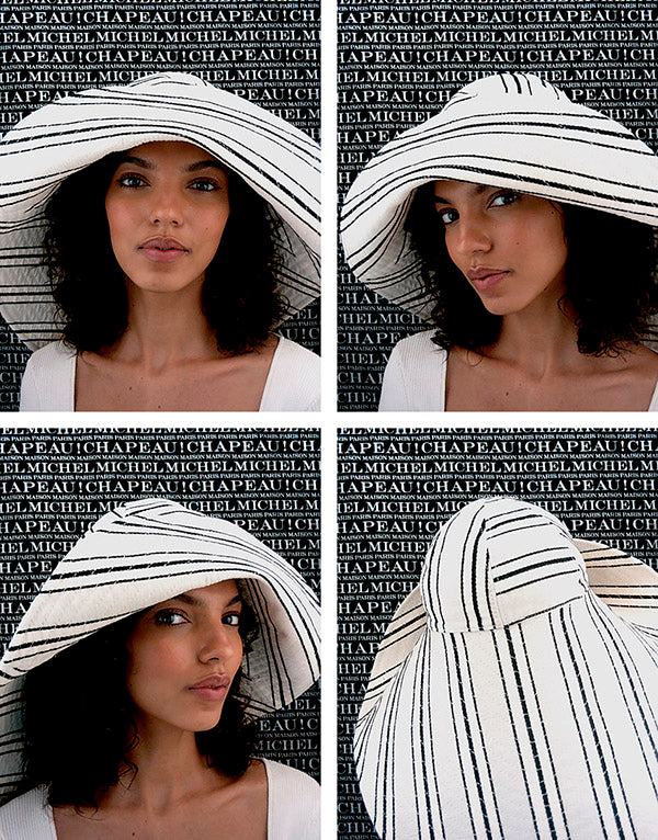 Junya - Chapeau cloche à rayures multicolores fait à la main avec un bord relevé à l'avant et un bord long à l'arrière.