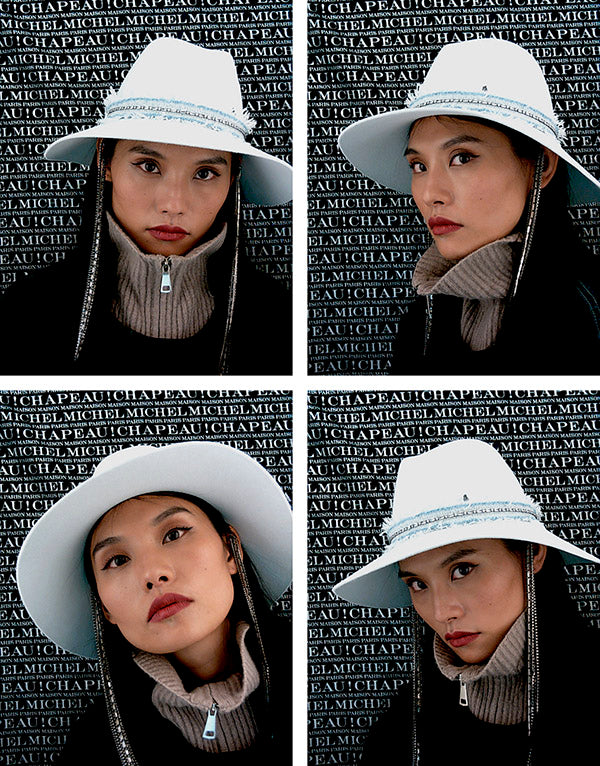 Kate - Fedora en feutre bleu glacé avec un ruban délavé à franges.