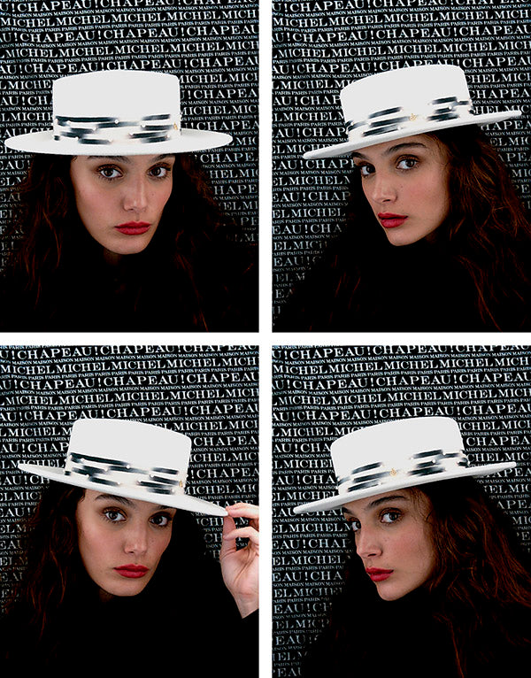 Kiki - Canotier en feutre blanc neige avec une ceinture en tweed tie & dye et perles blanches.