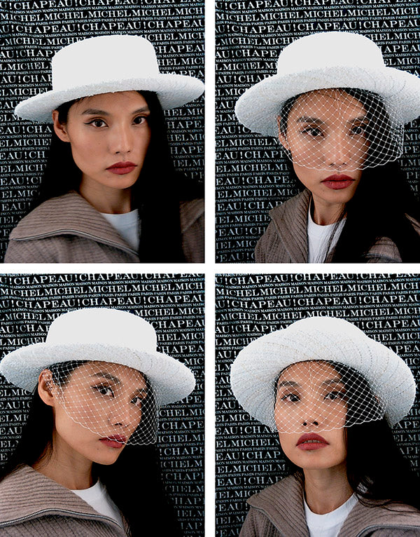 Kiki - Canotier en tweed blanc et doré avec un voile.