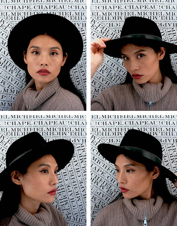 Kyra - Fedora en feutre noir avec une ceinture effet cuir.