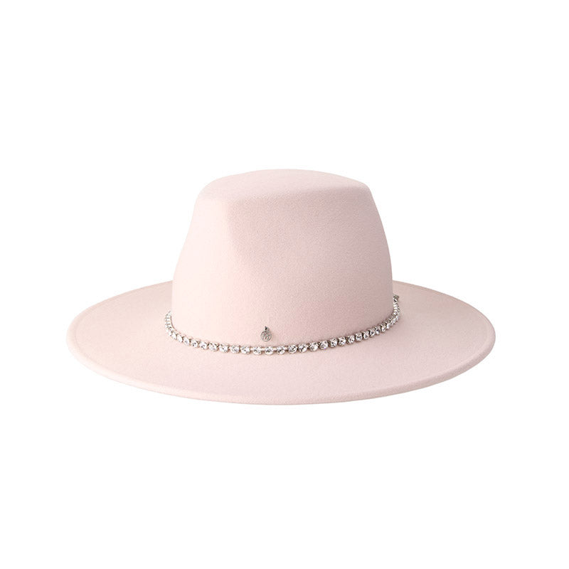 Kyra - Fedora en feutre de laine rose orné de strass.