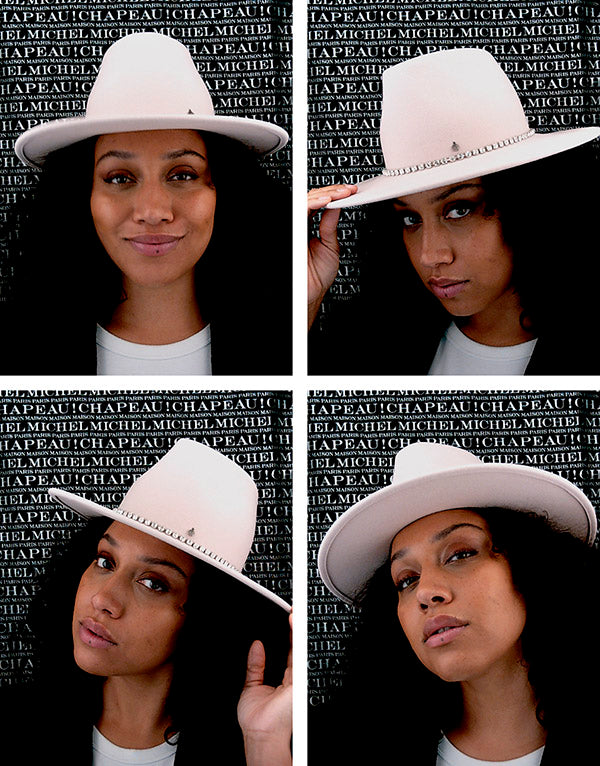 Kyra - Fedora en feutre de laine rose orné de strass.