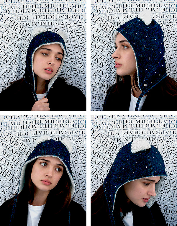 Lara - capuche avec des oreilles en denim et intérieur en polaire.