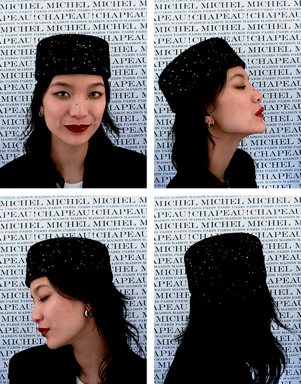 Lilibet - Pillbox en tweed noir orné de sequins.