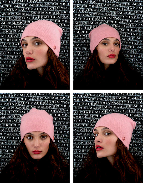 Loli - Bonnet en cachemire rose floral.