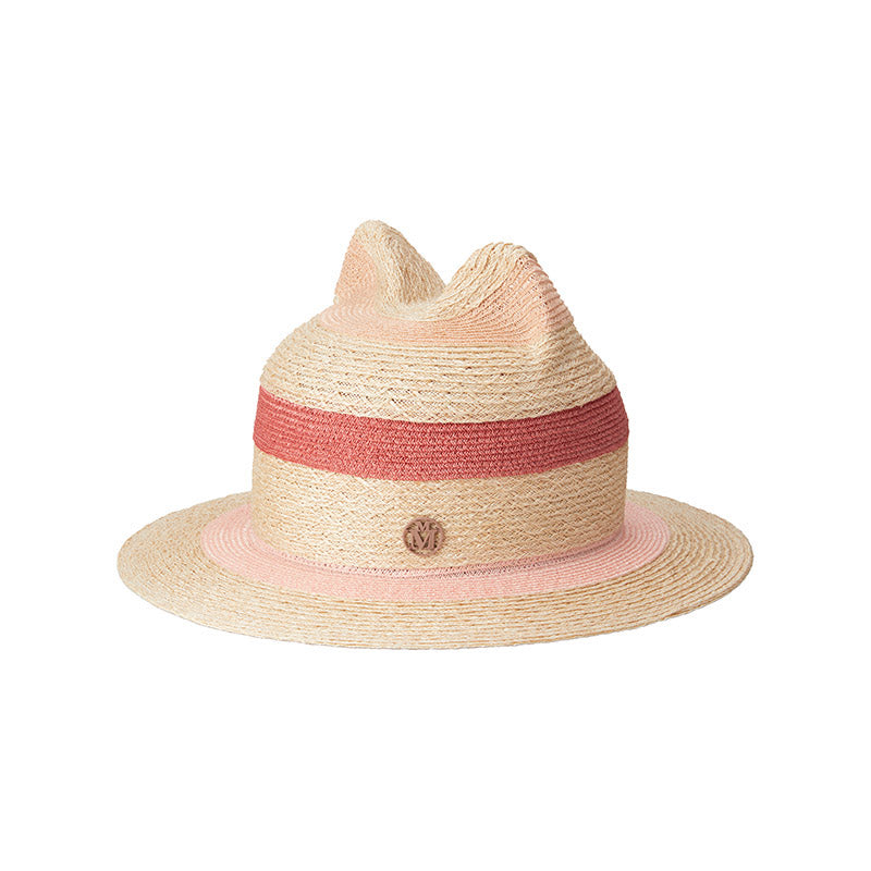 Loulou - Chapeau en paille couleurs naturelle et rose avec des oreilles de chat.