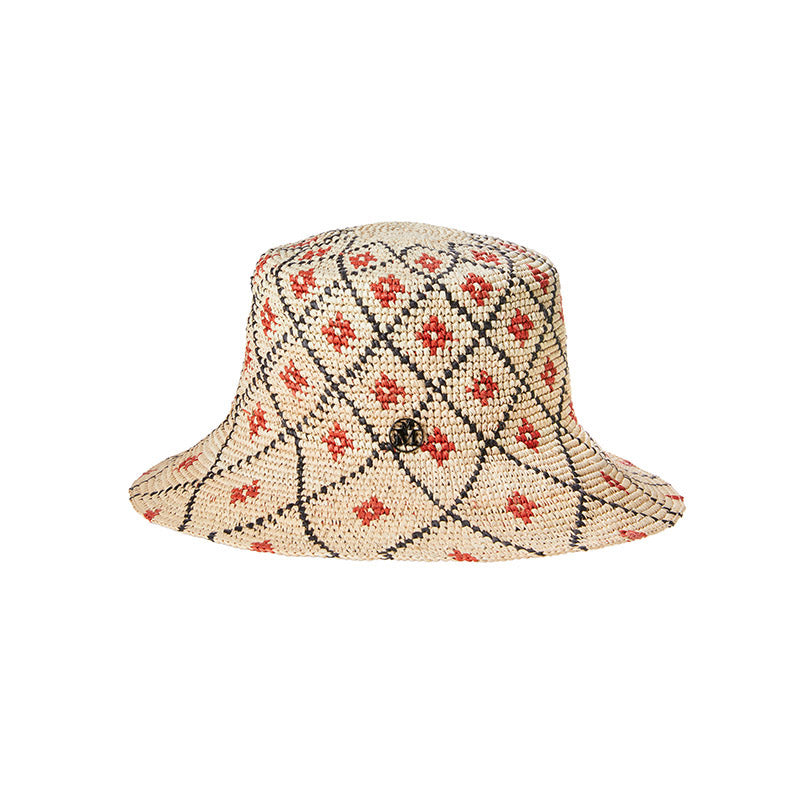 Ludi - Chapeau en paille de raphia crochetée à la main avec des motifs floraux.
