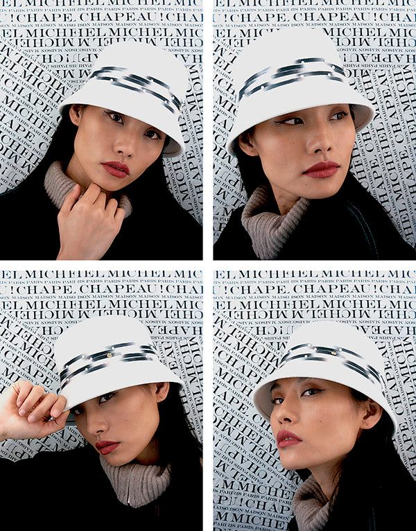 Mini New Kendall - Chapeau cloche en feutre blanc neige avec une ceinture en tweed tie &amp; dye et perles blanches.