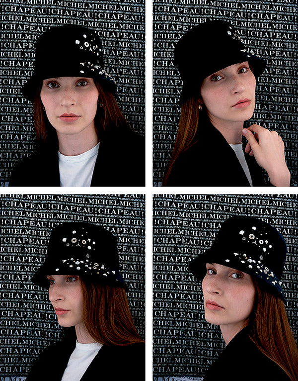 Mini New Kendall - Chapeau cloche en feutre marine avec des strass et clous inspiration poussière d'étoiles.